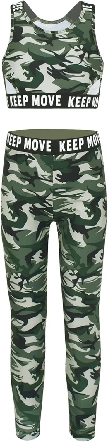 Детский спортивный костюм для девочек Mufeng, Camouflage Green, топ с вырезами и леггинсы