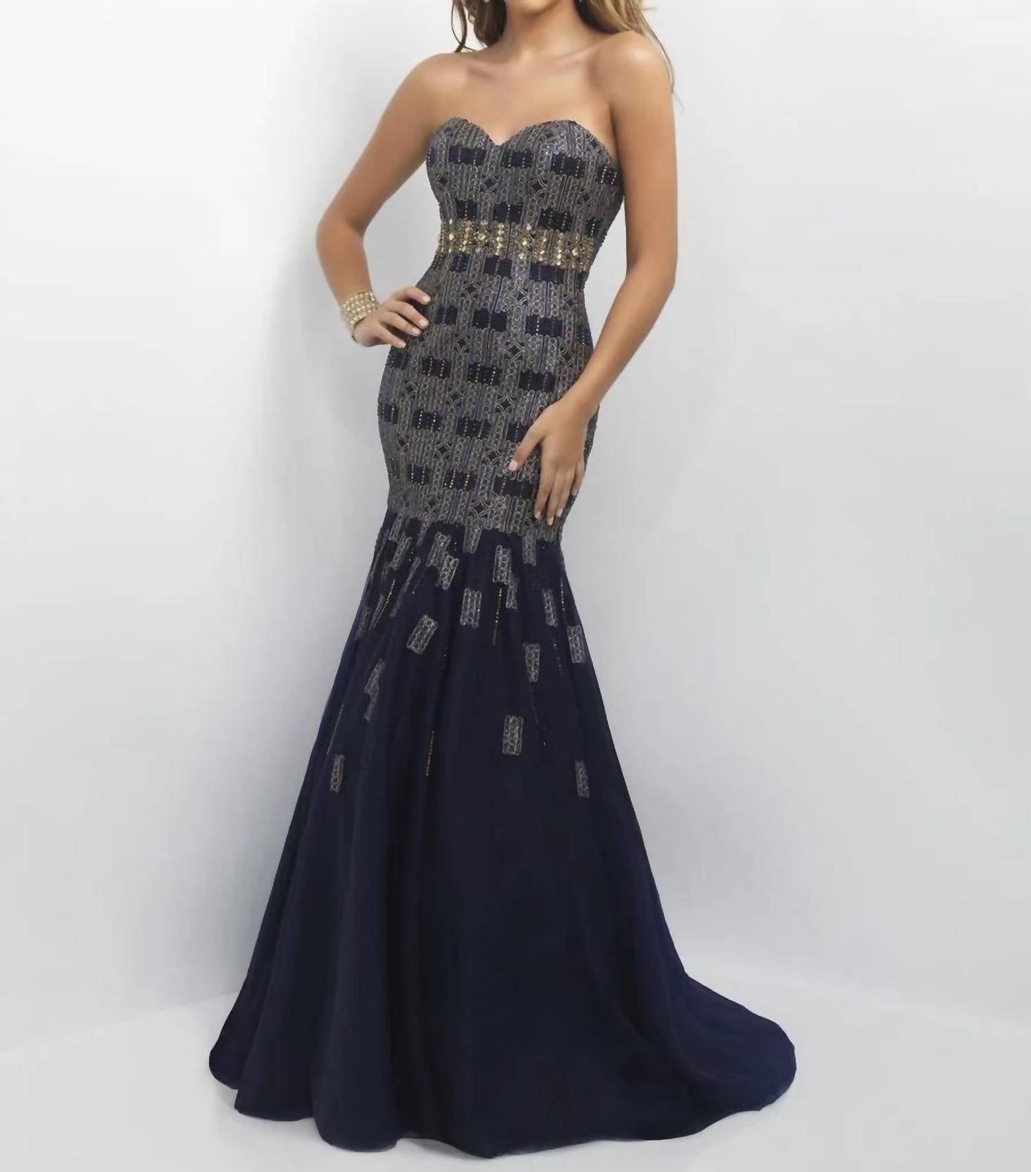 

Черно-синее/золотое атласное свадебное платье-русалка с блестящим корсетом без бретелек Blush Prom