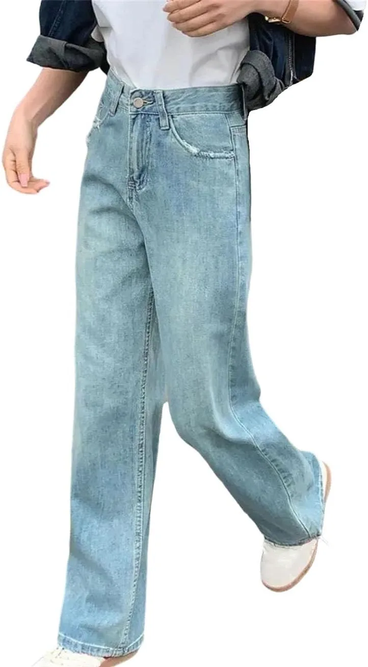 

Женские джинсы High Waist Light Blue Ripped Denim Wide Leg