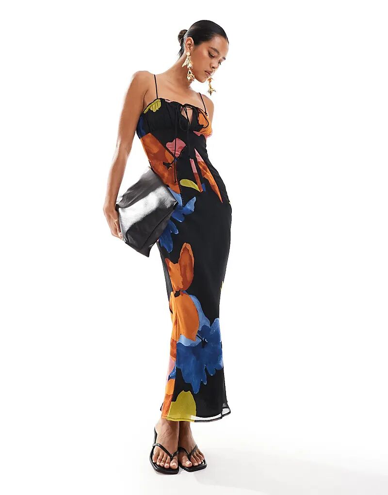 

Платье миди ASOS DESIGN из шифона с лифом Bardot и косой талией, черное с цветочным принтом