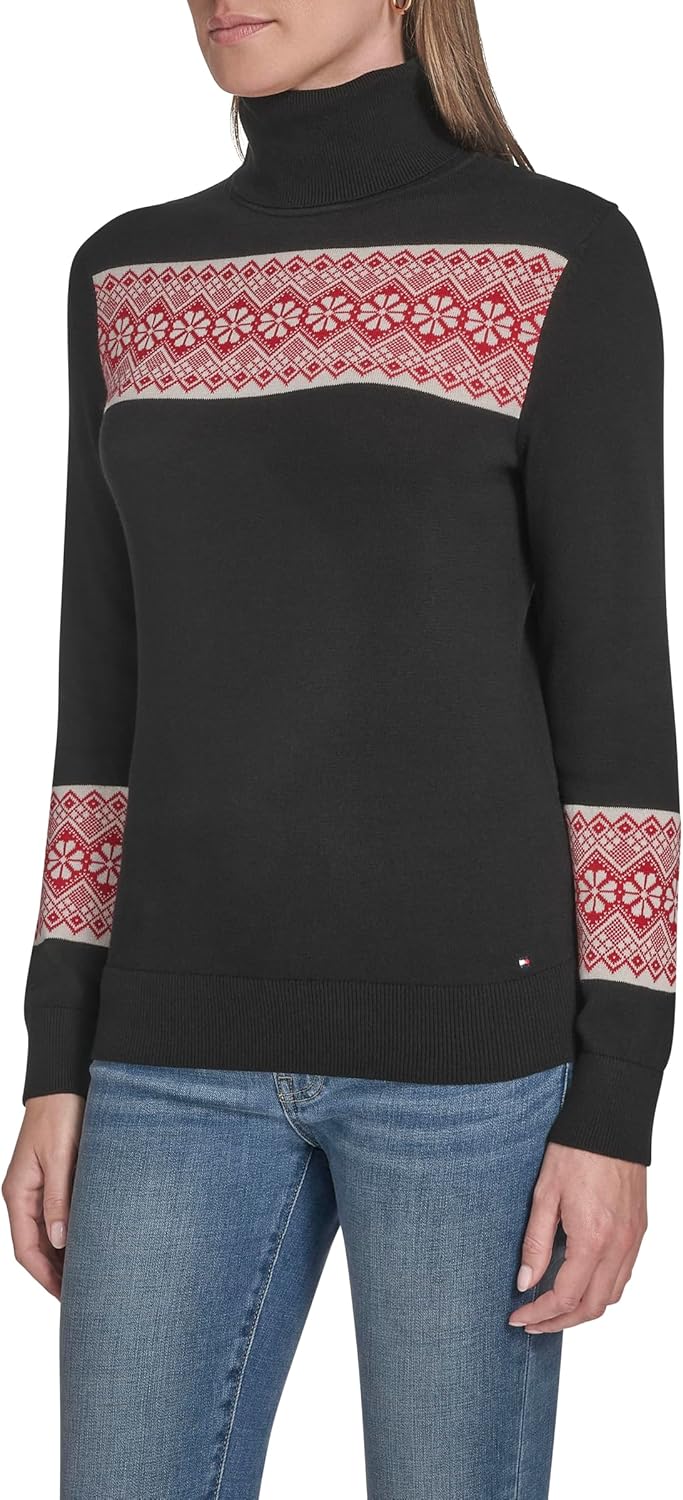 Женская хлопковая водолазка с длинным рукавом Tommy Hilfiger, легкая, Black/ Ivory/ Scarlet — фото 3