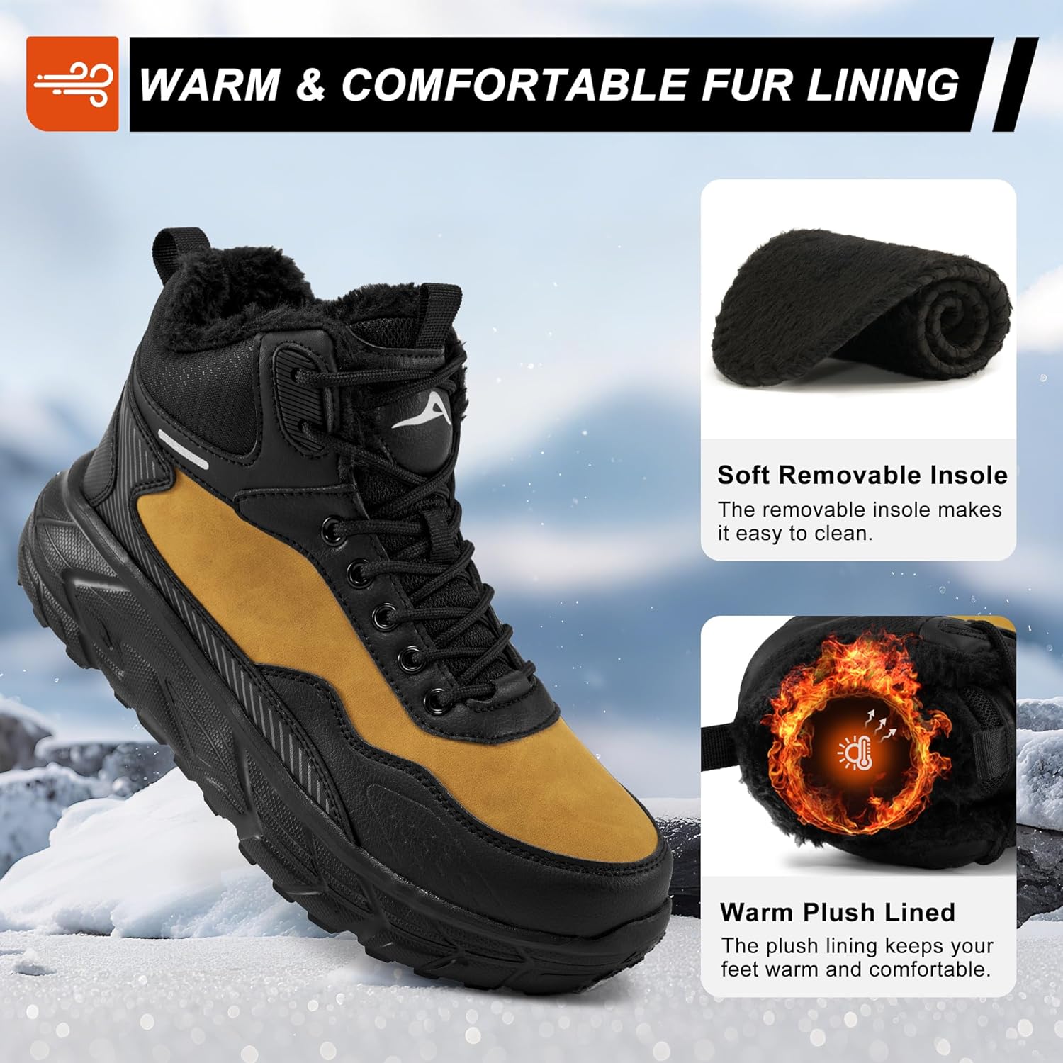 Зимние ботинки Ecetana Mens Snow: теплые, с меховой подкладкой, водонепроницаемые ботинки, удобные, легкие, короткие ботильоны, черный/желтый — фото 3