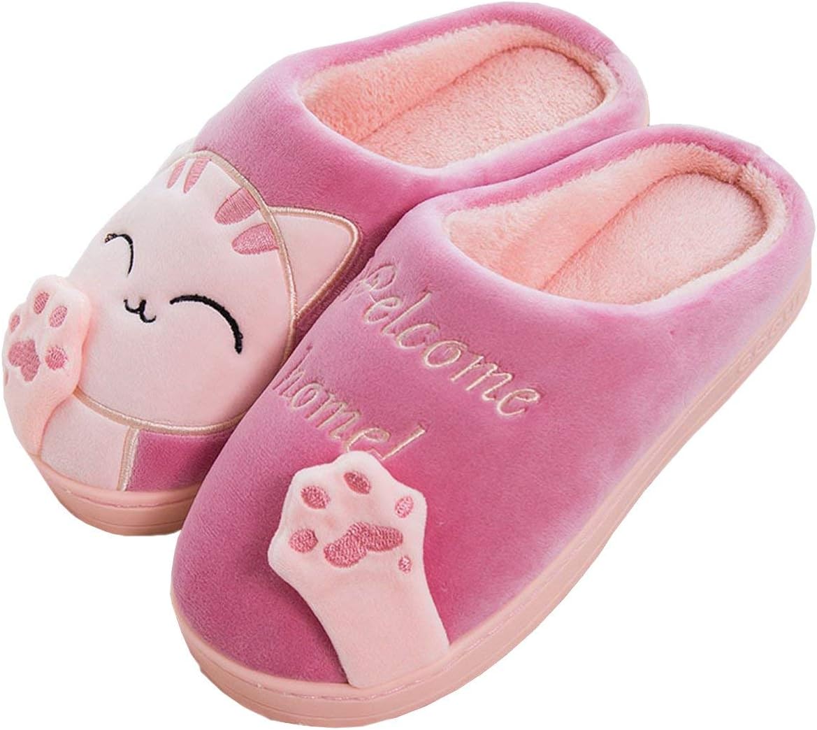 

Женские тапочки Rojeam с милым котиком, плюшевые, зимние, теплые, для дома, против скольжения, для женщин и мужчин, розовый