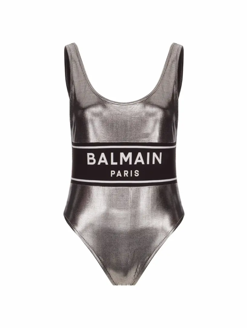 

Слитный купальник с логотипом Balmain, серебристый