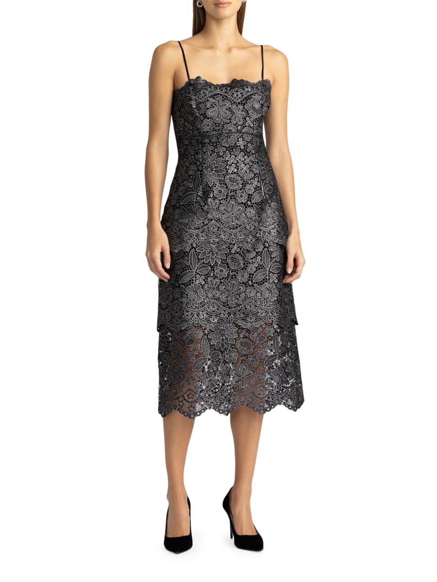 

Многоярусное коктейльное платье из гипюра и кружева Zac Posen, цвет Gunmetal