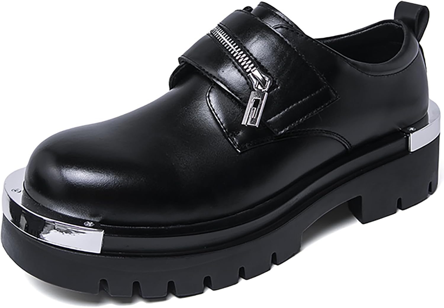 

Мужские кожаные оксфорды с металлической пластиной на платформе, классические с широким носком, регулировка пряжки, деловые туфли с нескользящей подошвой, удобным массивным каблуком, подъемные дерби Qeosnbx, черный