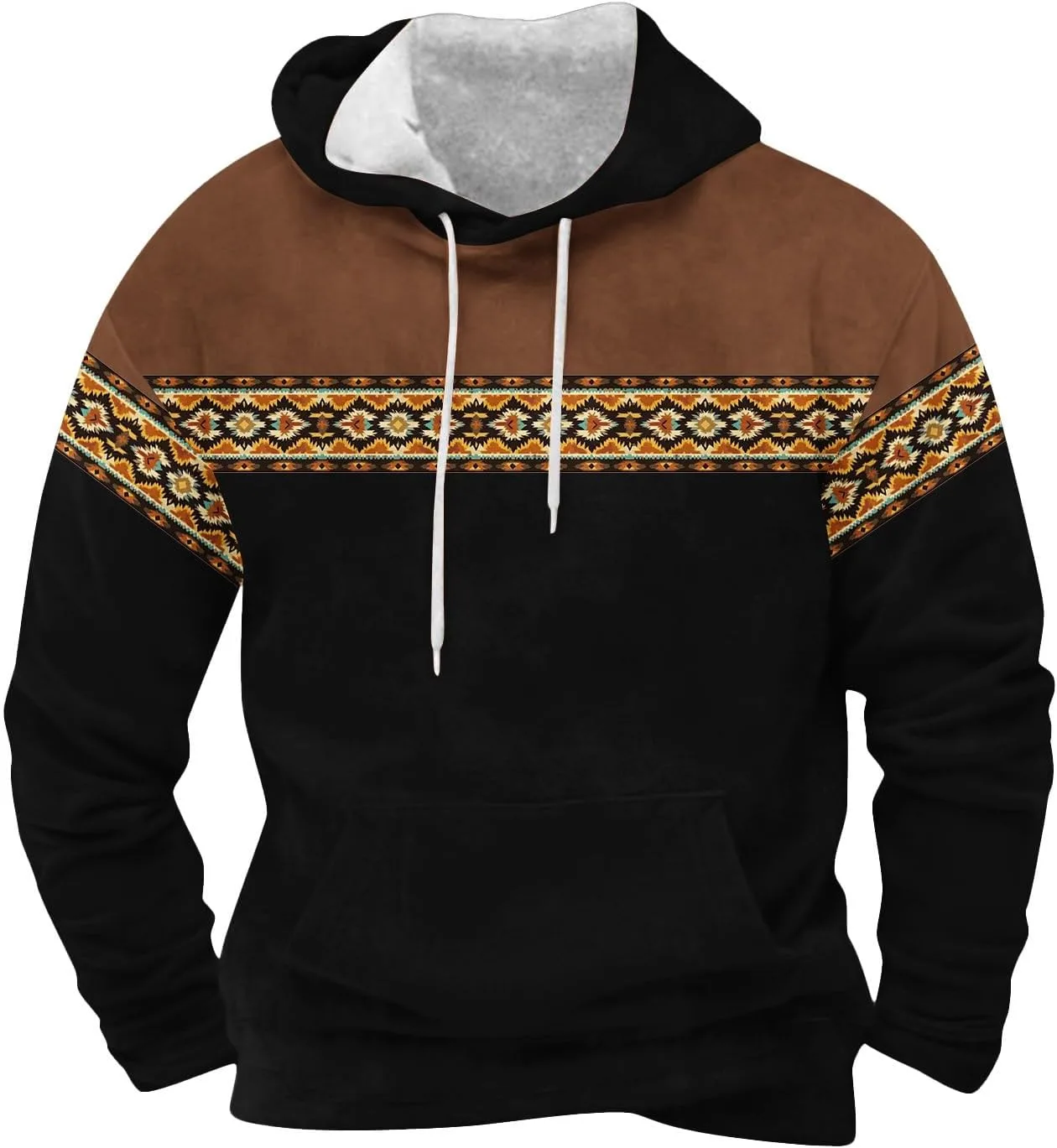 

Западный худи с ацтекским принтом для мужчин, капюшон, оверсайз, с карманами AQAYL