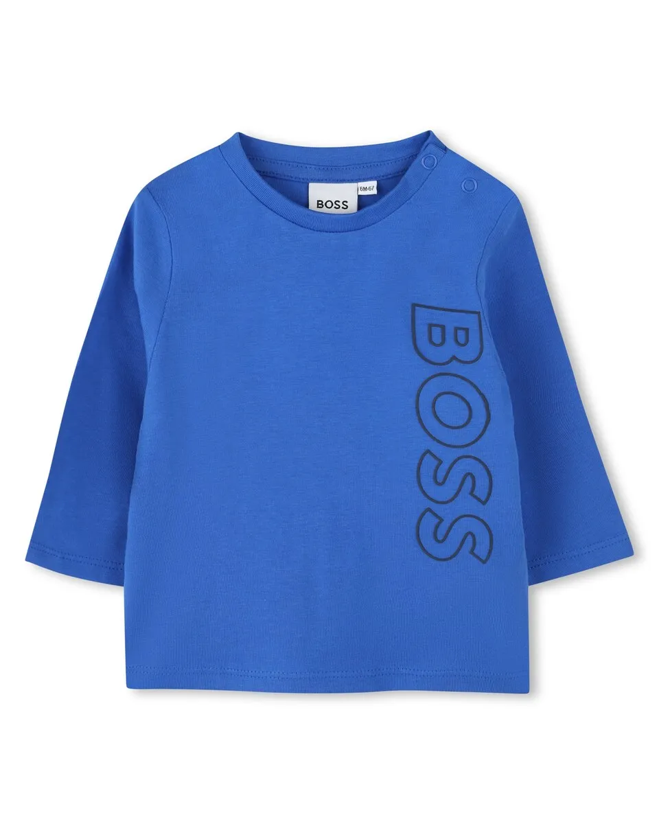 

Хлопковая футболка для мальчика с вертикальным логотипом BOSS Kidswear, цвет Azul Índigo