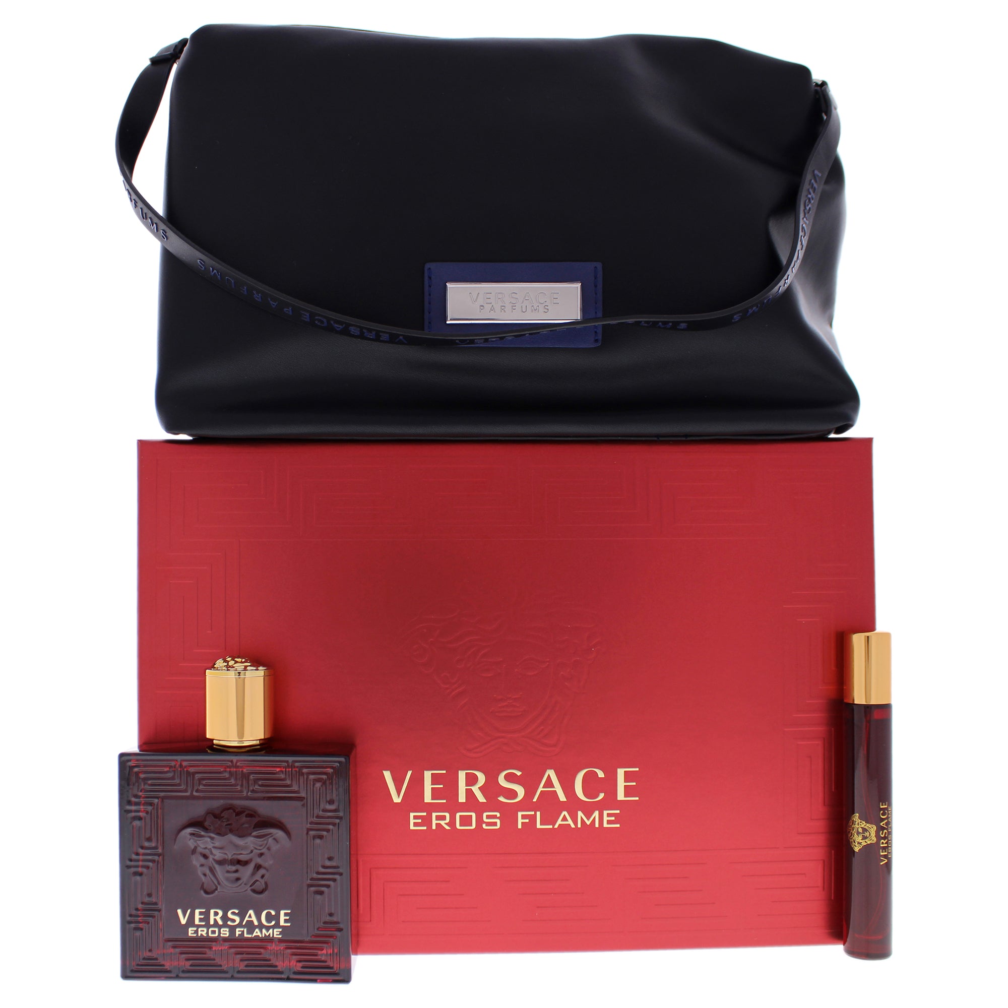 

Eros Flame от Versace для мужчин - подарочный набор из 3 предметов: парфюмерная вода EDP объемом 3,4 унции, парфюмерная вода EDP объемом 0,3 унции, Trousse Man, прозрачный
