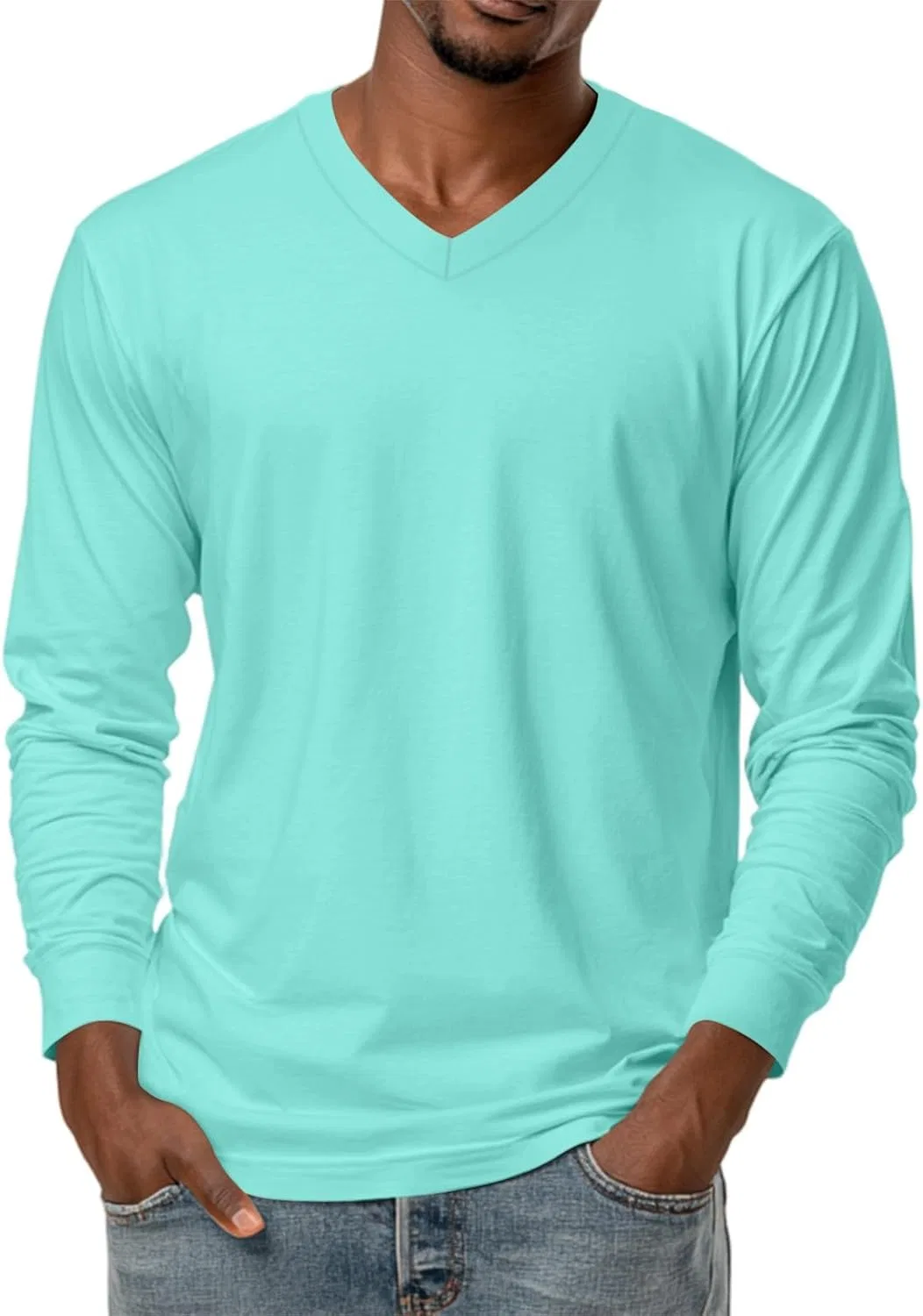 Мужская футболка с длинным рукавом, V-образный вырез, однотонная, 1-light Blue