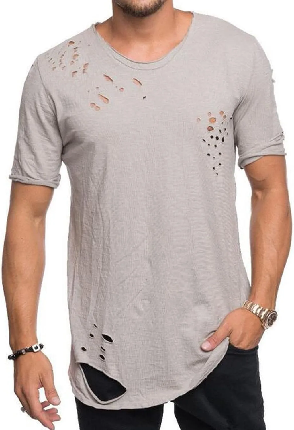 

Мужская футболка с потертостями и дырками, Casual, Loose, короткий рукав