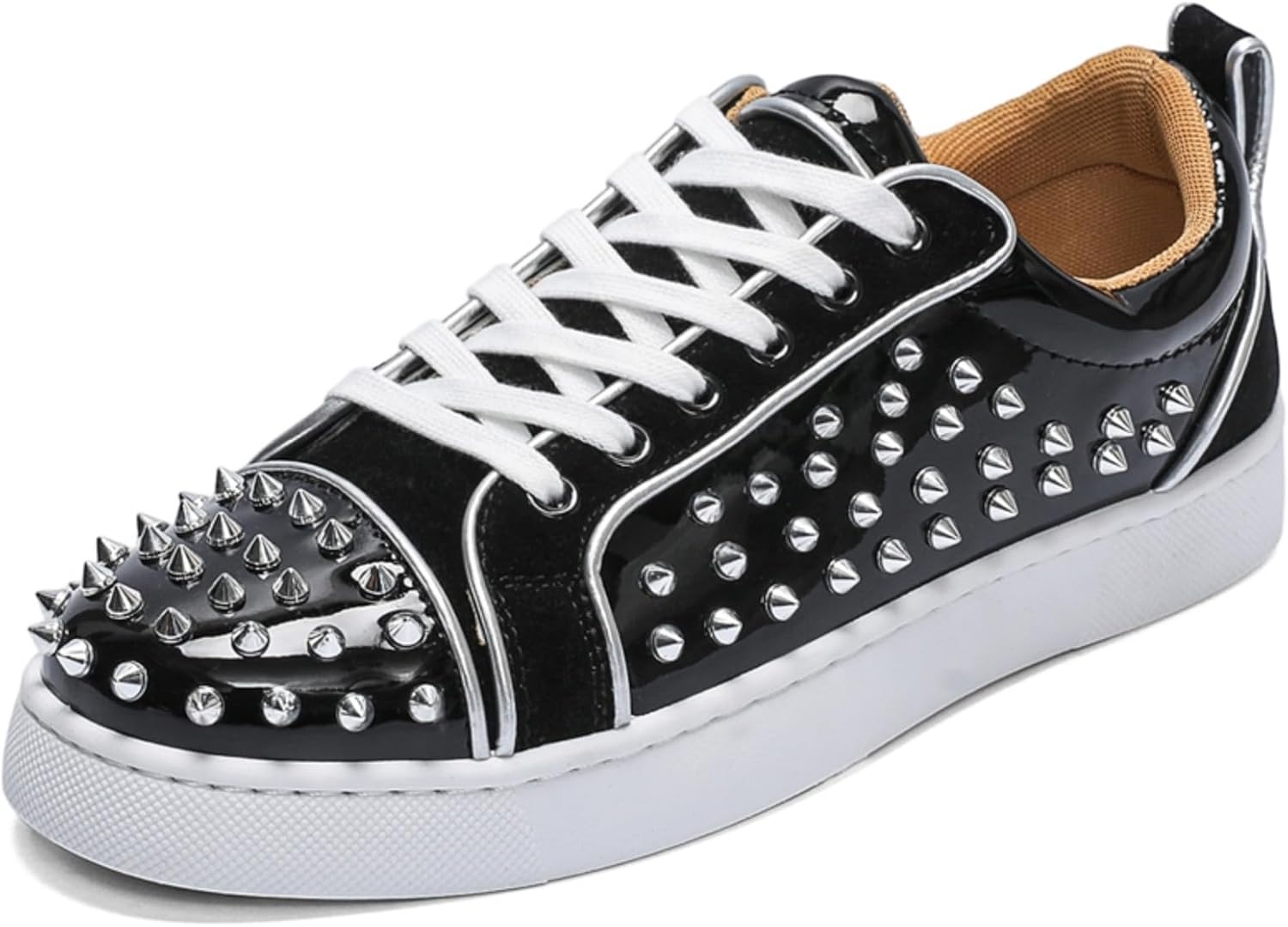 

Мужские низкие кеды в панк-стиле с заклепками, глянцевая кожа, массивная подошва, повседневная обувь черного, красного и белого цвета, модные скейт-туфли с шипованными заклепками для дерзкого стиля Lshwcift