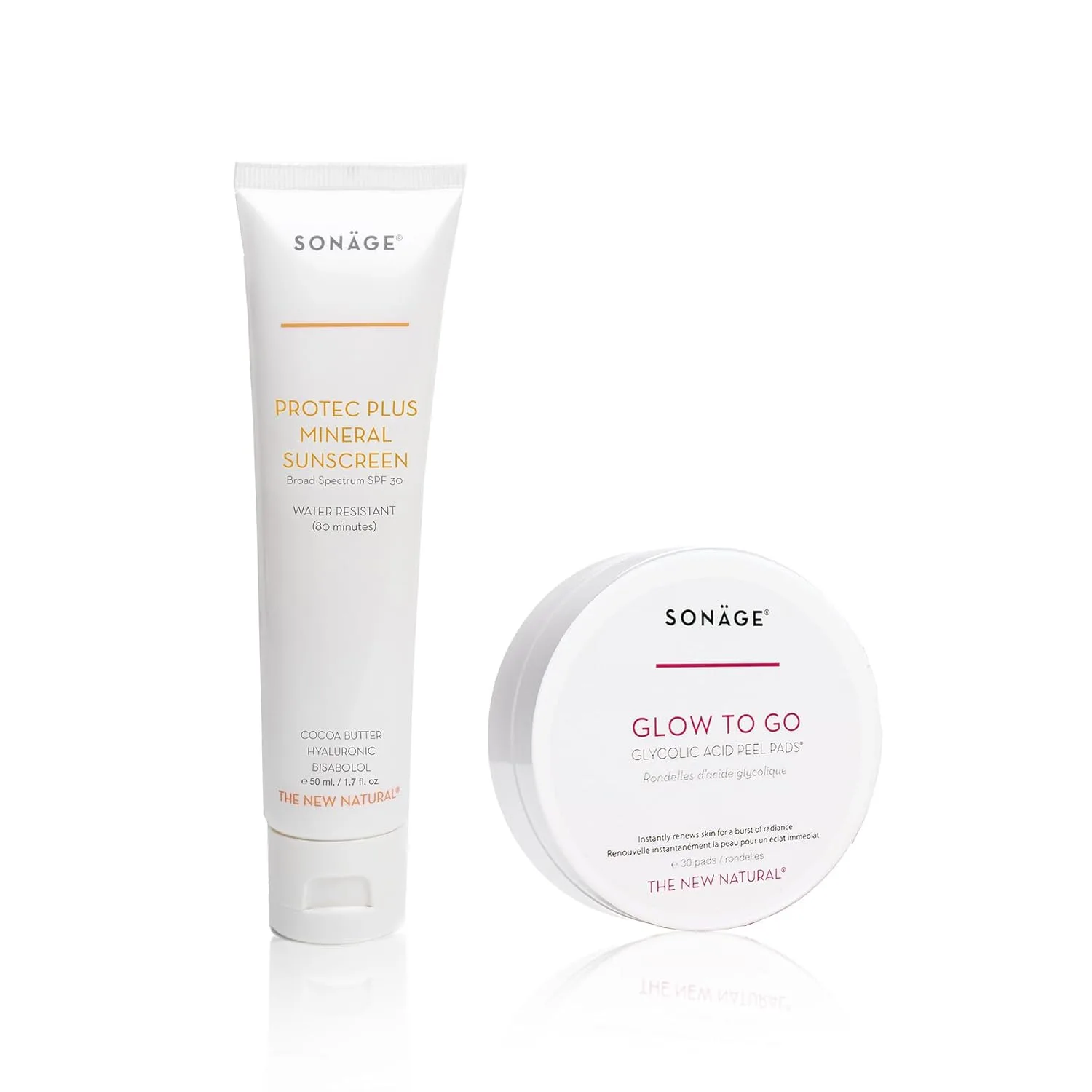 Защитный дуэт Glow Protection: пилинг-подушечки Glow To Go с гликолевой кислотой и минеральный солнцезащитный крем Protec Plus SPF 30. Sonage