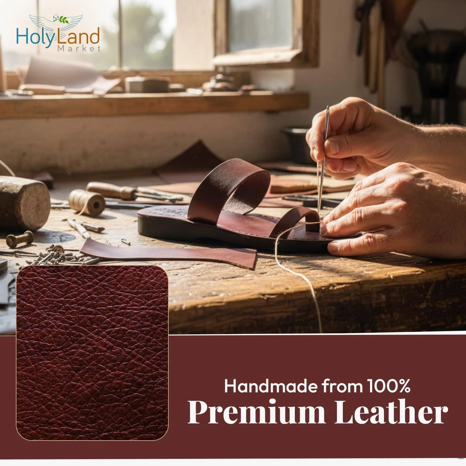 Мужские сандалии/шлепанцы из натуральной кожи с библейским рисунком Holy Land Market CAMEL, Brown — фото 3