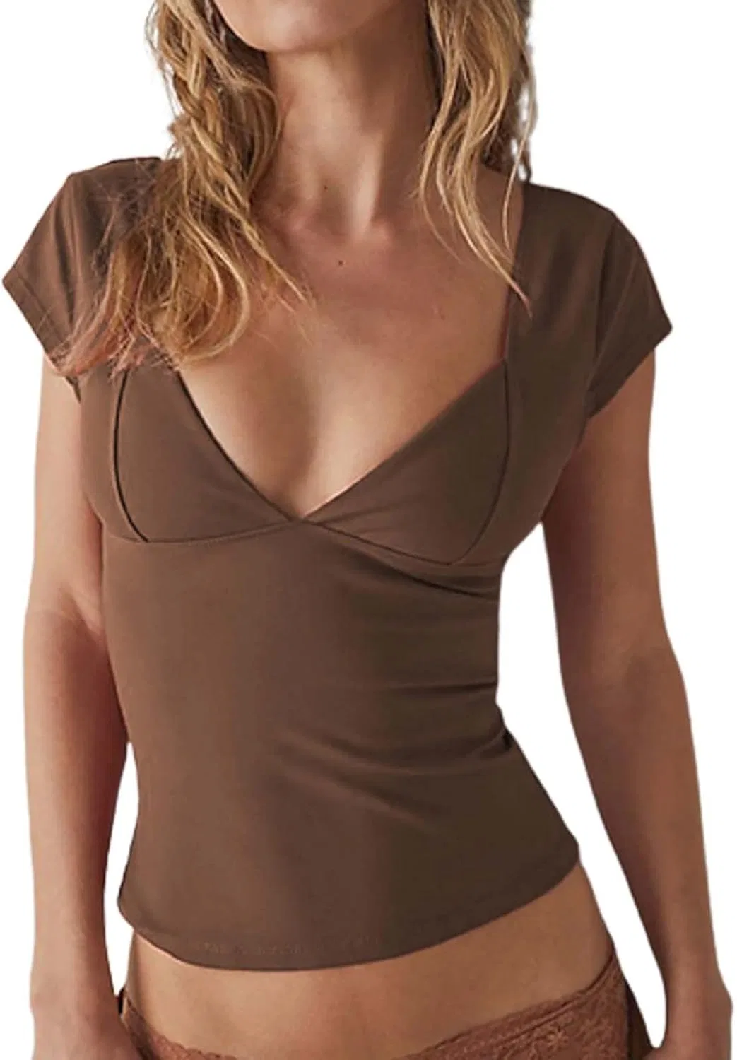 Блуза, V-образный вырез, кружево, Tank Top, кофейный