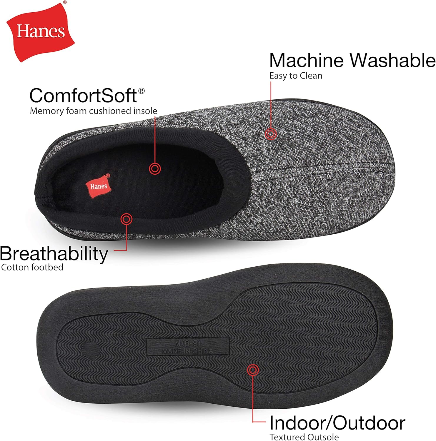Мужские войлочные тапочки Hanes с подошвой из пены с эффектом памяти для дома и улицы, черный — фото 2