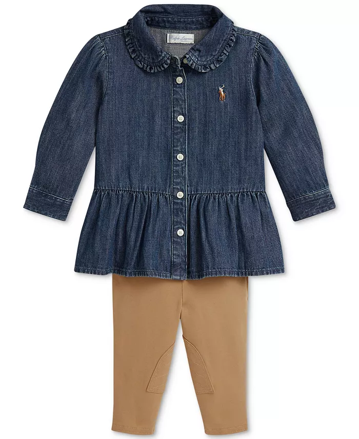 

Комплект из джинсовой рубашки с баской и леггинсов для девочек Polo Ralph Lauren, серый