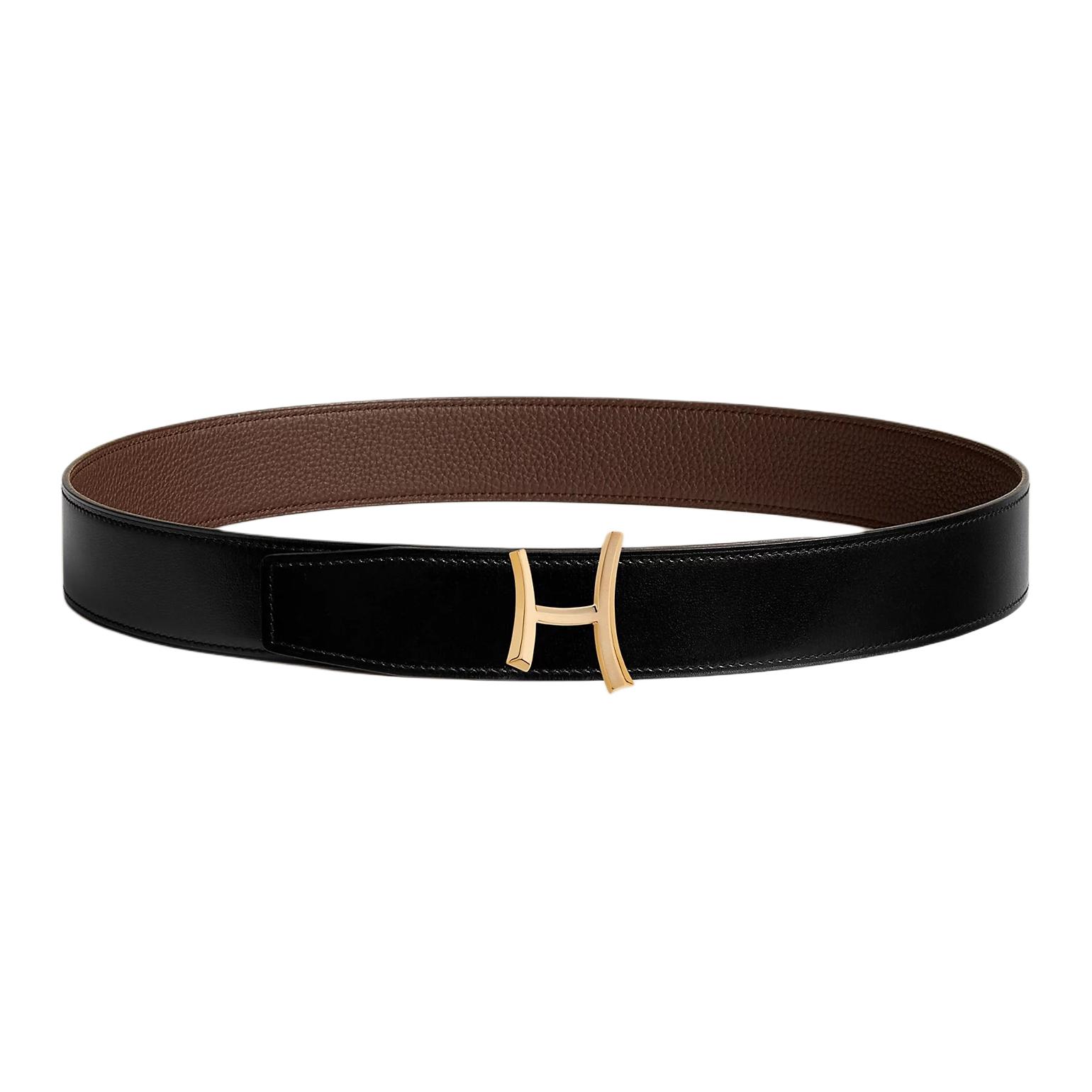 

HERMES Кожаный ремень из телячьей кожи, Black/Chocolate