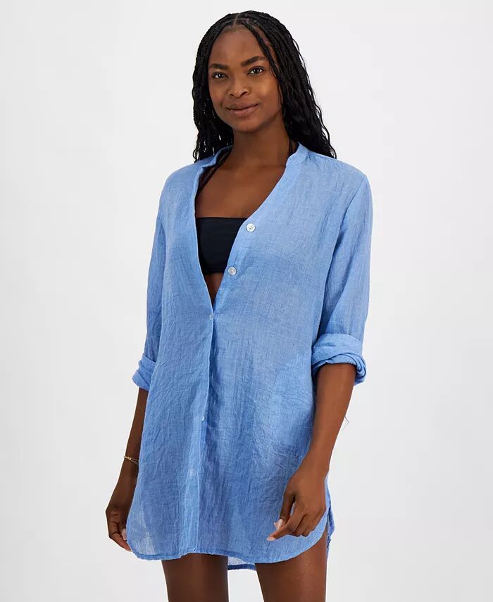 

Женская большая рубашка-рубашка с пуговицами спереди и длинными рукавами для плавания J Valdi, синий