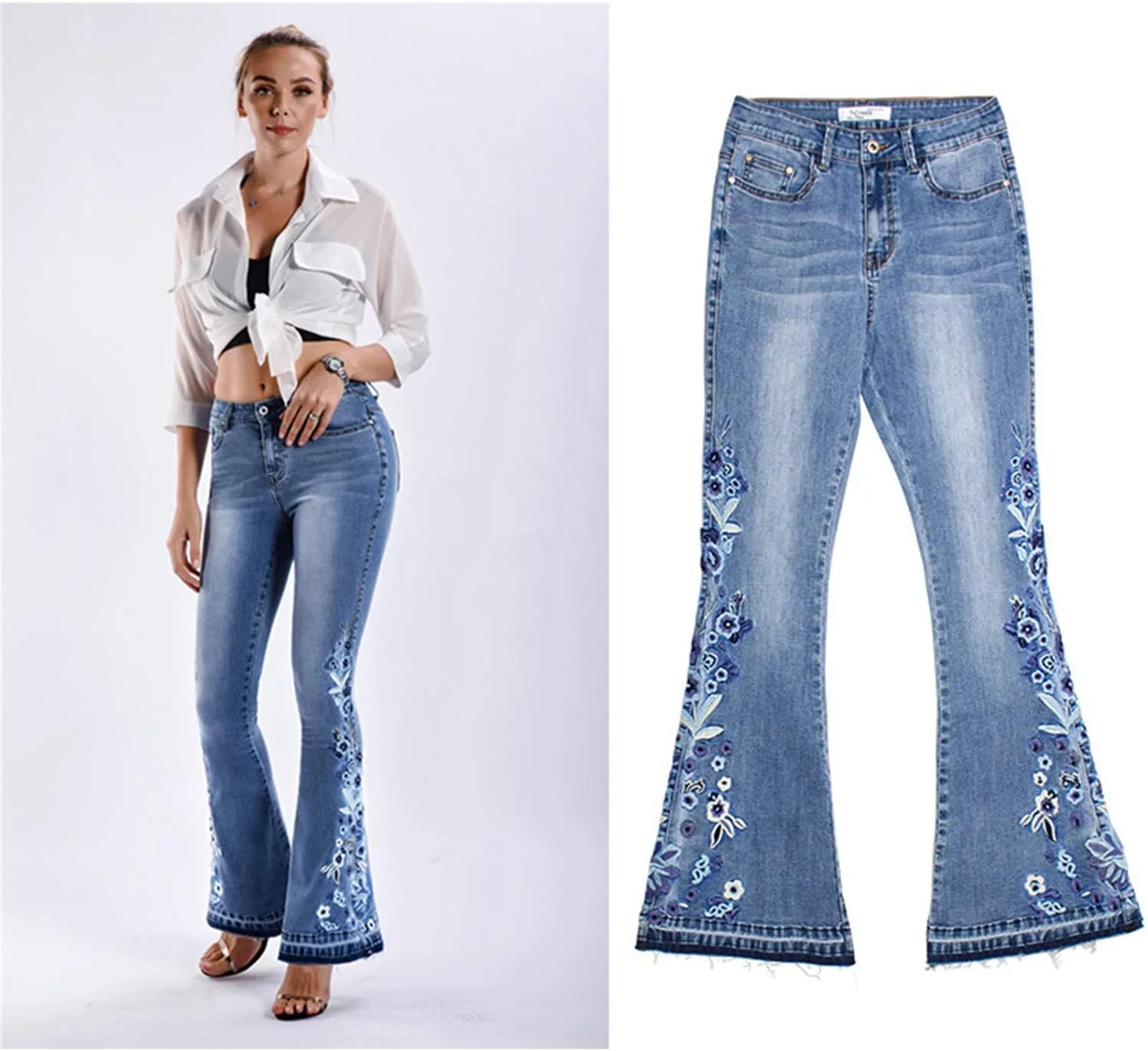 Andongnywell женские джинсы-клеш с вышивкой Mid Waist Stretchy Flared Jean Floral Embroidery Bell Bottom — фото 4