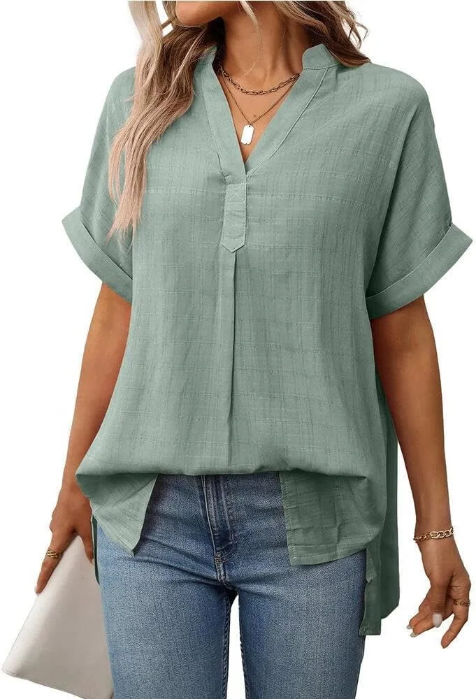 

FMCHICO Женская Короткий Рукав Хлопок Лен Рубашка С Воротником V-образный Вырез