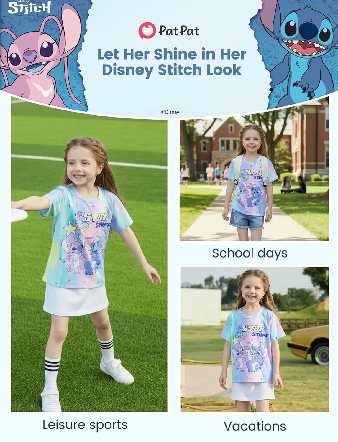 Футболка с принтом Stitch, Disney, для девочек, 2-9 лет — фото 2