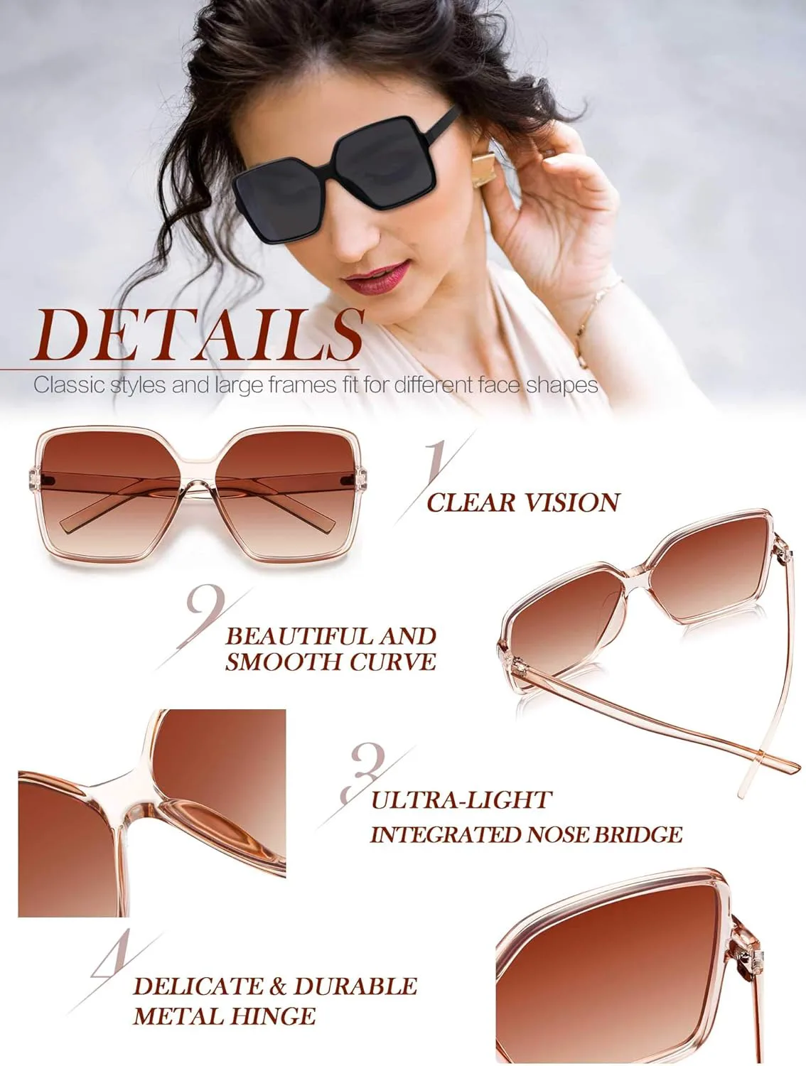 

Набор из 4 больших квадратных солнцезащитных очков Weewooday для женщин, разноцветные, с плоской верхней частью, широкие, большие (свежие цвета), Fresh Colors