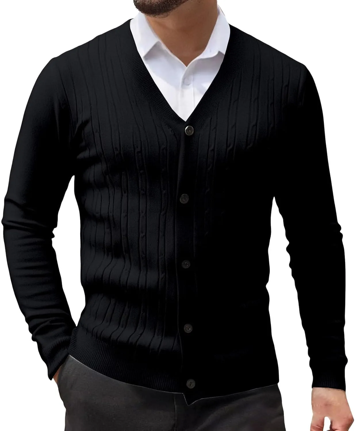 Кардиган мужской V-образный вырез на пуговицах, длинный рукав, slim fit