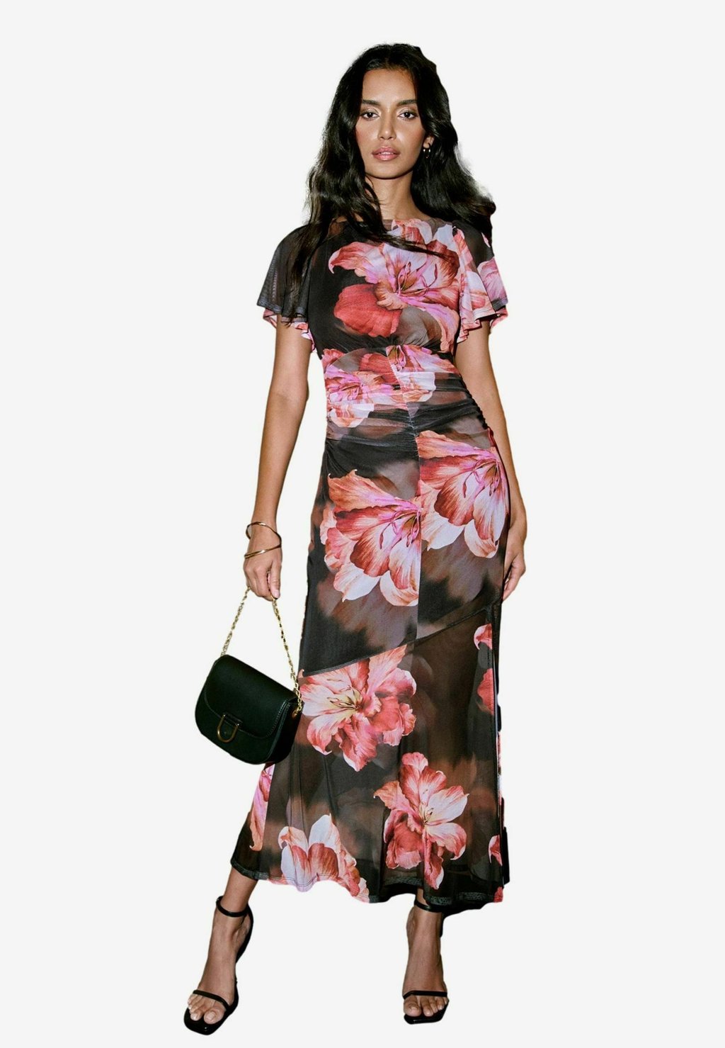 

Платье макси PETITE FIT FLORAL PRINT SHORT SLEEVE RUCHED UNDERBUST FIT MIDI Lipsy, черный