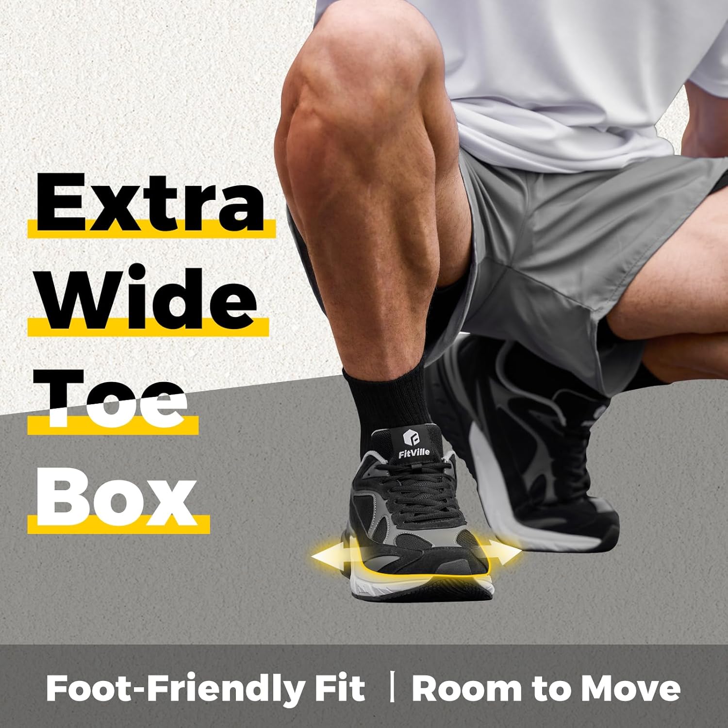 Мужские кроссовки FitVille Extra Wide, с поддержкой свода стопы, удобные кроссовки для ходьбы с амортизацией при нейропатии и подошвенном фасциите - Rebound NEO V4, черный/серый — фото 2