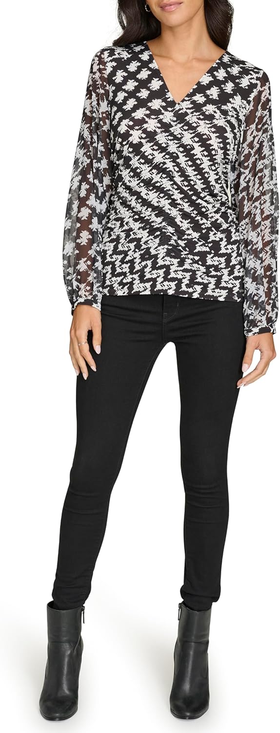 

Женский топ Calvin Klein с V-образным вырезом и длинными рукавами, Bk/Crm Cmb