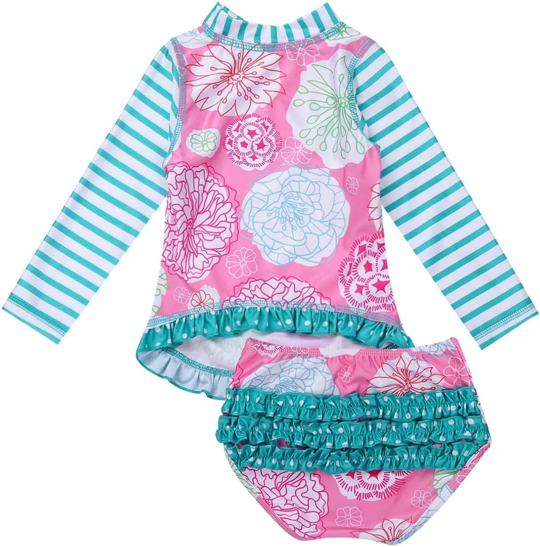 Linjinx 2PCS Детский купальник-танкини для девочек с длинными рукавами и цветочным принтом, состоящий из топа и трусиков, розовый