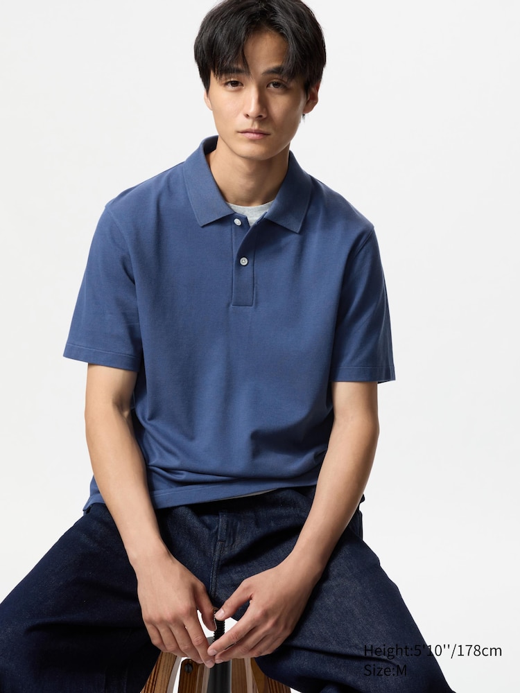 

Рубашка-Поло из хлопка airism пике Uniqlo, цвет 67 синий
