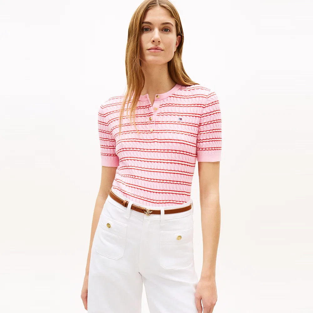 Женский розовый хлопковый свитер крупной вязки с воротником хенли от Tommy Hilfiger Women