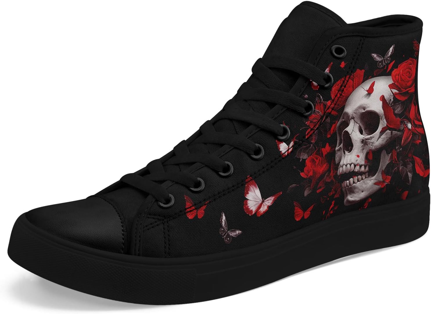 

Высокие кеды на шнуровке AWSOLE Gothic с черепом для мужчин и женщин с принтами бабочек, пламени и цветов, яркие плоские повседневные кроссовки для прогулок, черный/красный/серый