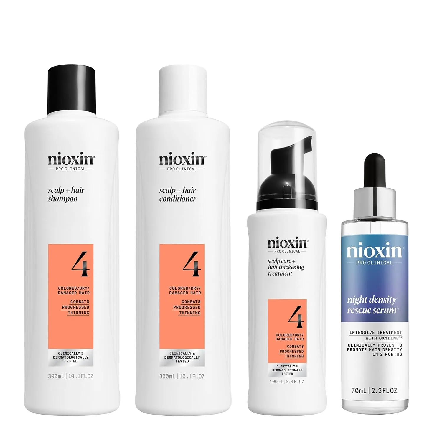 Набор Nioxin System Kit 4: очищение, кондиционирование и уход за кожей головы для более густых и сильных волос, запас на 3 месяца + Night Density Rescue, ночная несмываемая антиоксидантная сыворотка для густоты и объема волос