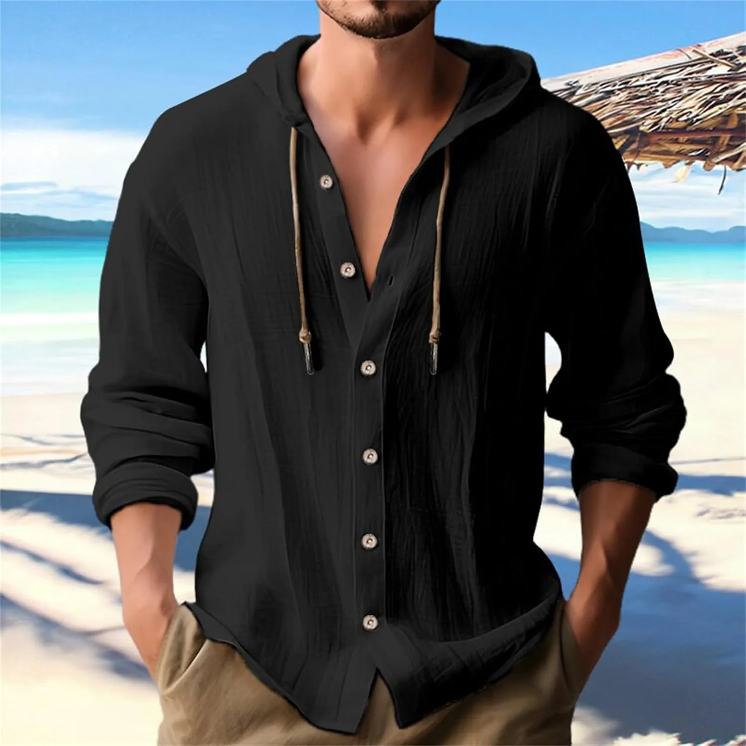Футболки для мужчин Cotton Linen Button Up Hoodies Loose Solid Pullovers — фото 2