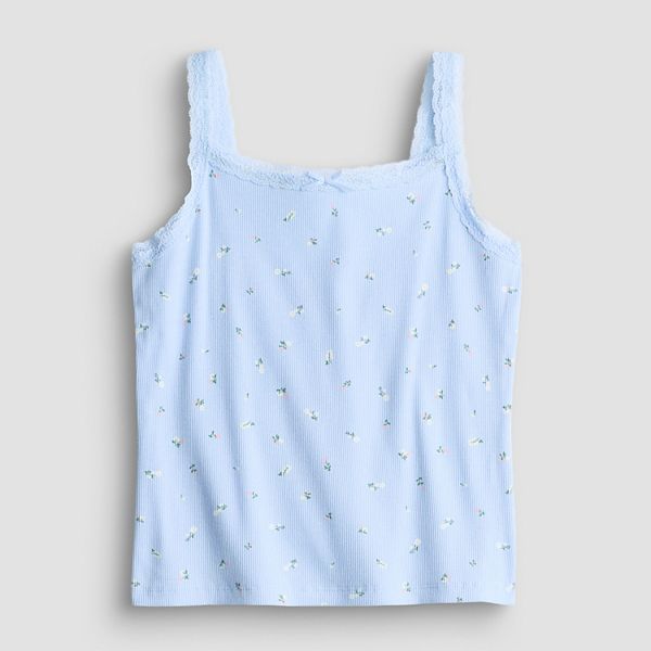 

Детская майка с кружевной отделкой для девочек 7-16 лет, размеры regular и plus So, Blue Floral