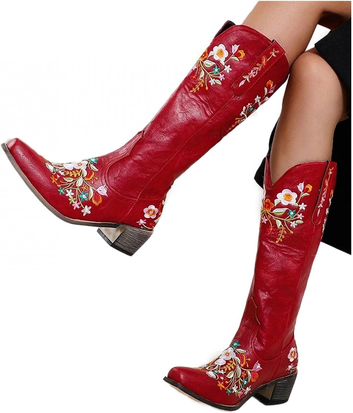 

Женские ковбойские сапоги Hbeylia Винтажные этнические западные сапоги для ковбойш Цветочная вышивка Заостренный носок Стильные каблуки До середины икры Рыцарские сапоги для верховой езды ретро зимние осенние высокие сапоги для женщин, C
