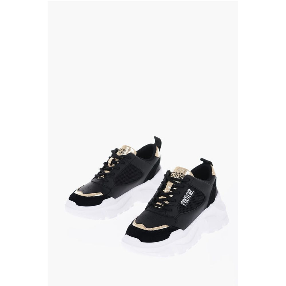Кроссовки JEANS COUTURE из кожи SPEEDTRACK с золотистой отделкой Versace, Black and White