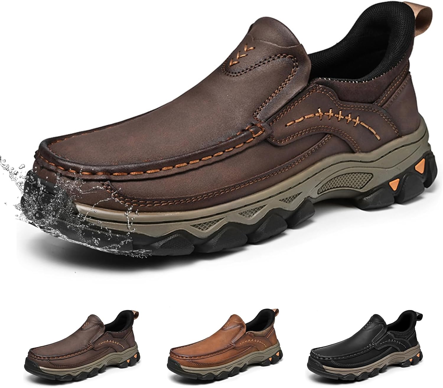 

Мужские водоотталкивающие кожаные лоферы без шнурков, прогулочные туфли, удобные и дышащие, для делового, повседневного носки и вождения, а также для походов на свежем воздухе Generic, темно-коричневый