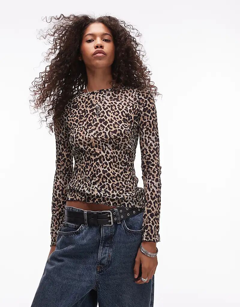 

Топ с длинными рукавами и леопардовым принтом коричневого цвета Topshop