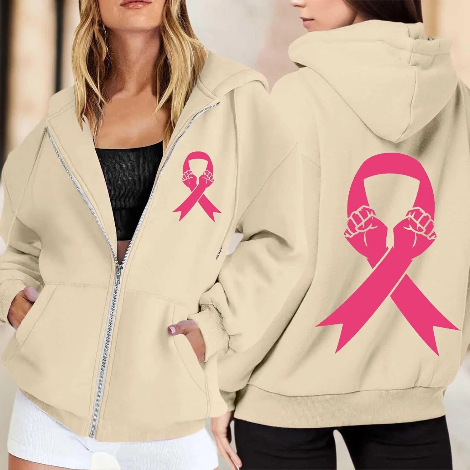 Женская худи на молнии, Breast Cancer Awareness, бежевый — фото 2
