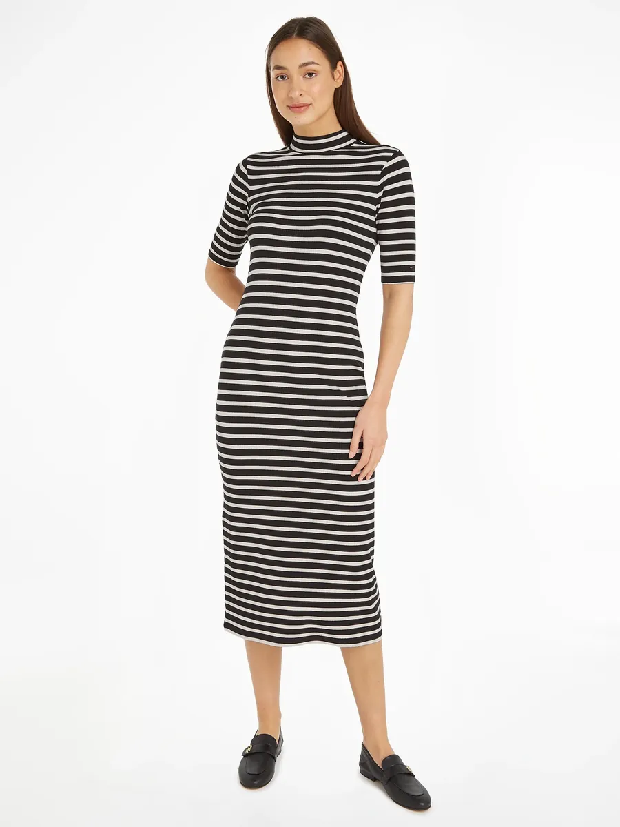 

Платье из джерси Tommy Hilfiger "SLIM 5X2 RIB STRIPE MIDI DRS 1/2", с вышивкой логотипа, черный