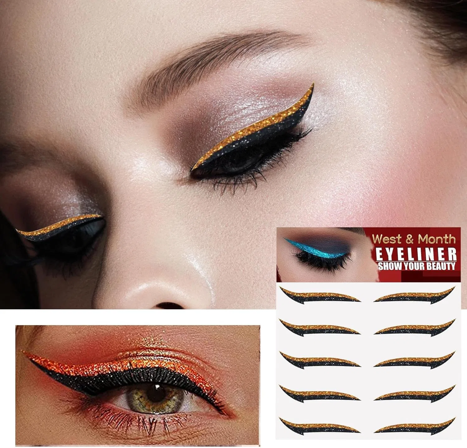 Подводка-стеккер для глаз Glitter Eyeliner Sticker, оранжевый, 5 пар — фото 3