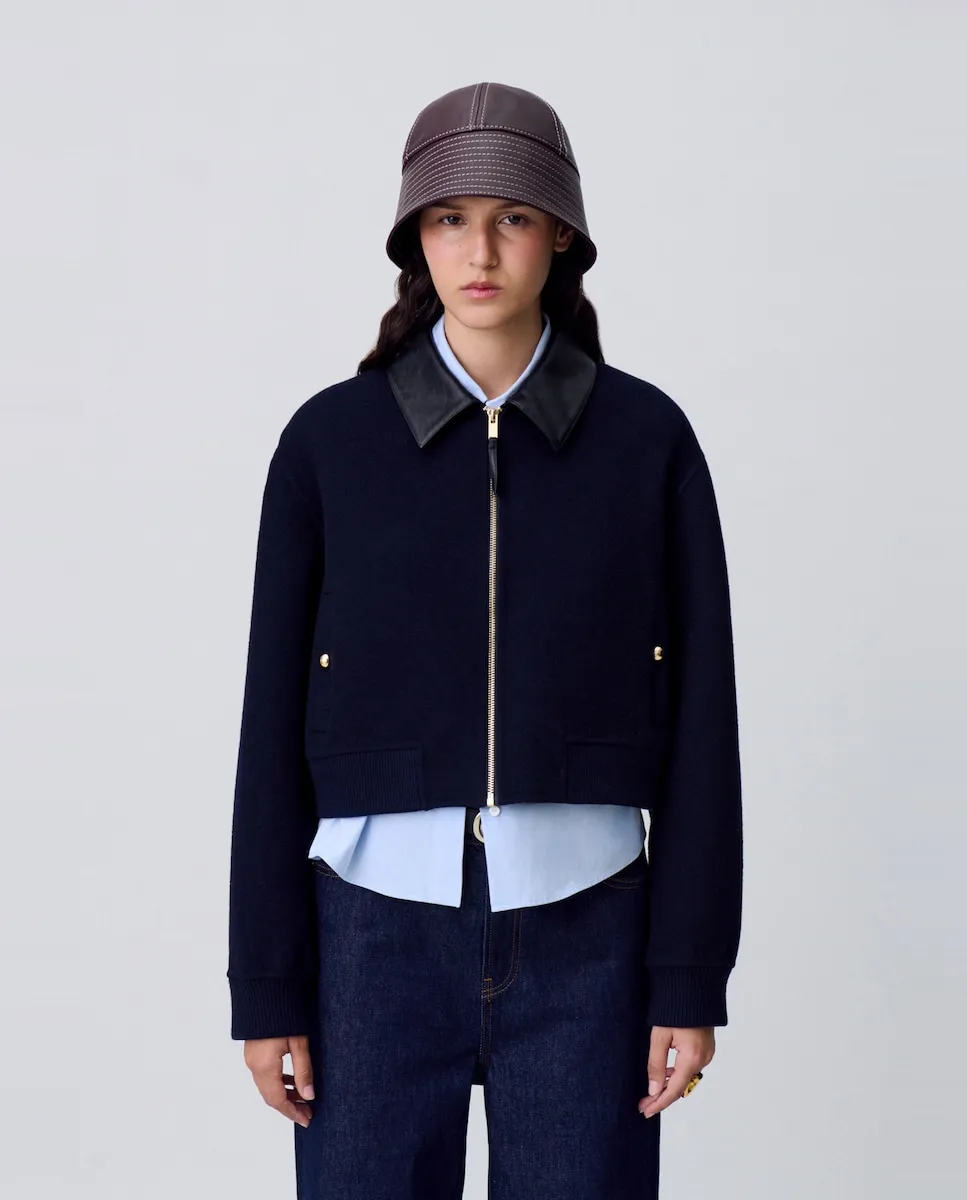 

Женская шерстяная куртка с кожаным воротником-стойкой Claudie Pierlot, темно-синий