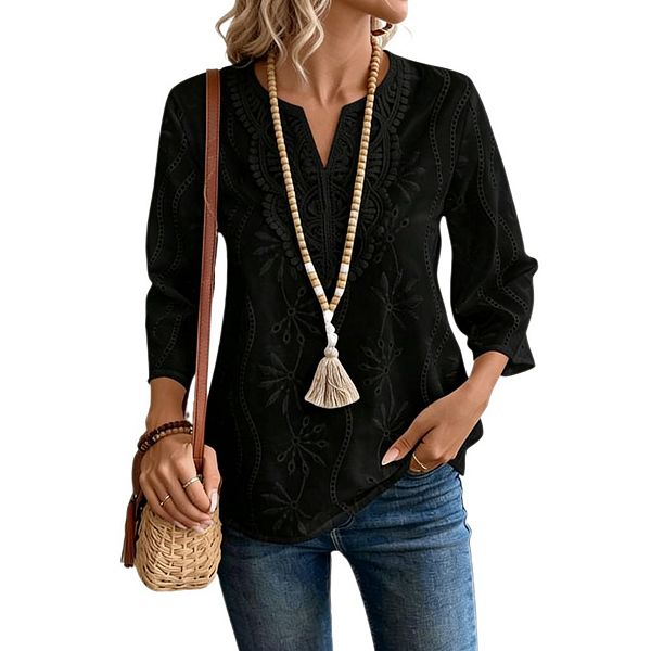 

Женская блузка с 3/4 рукавом и вышивкой в стиле бохо Yesfashion, Black