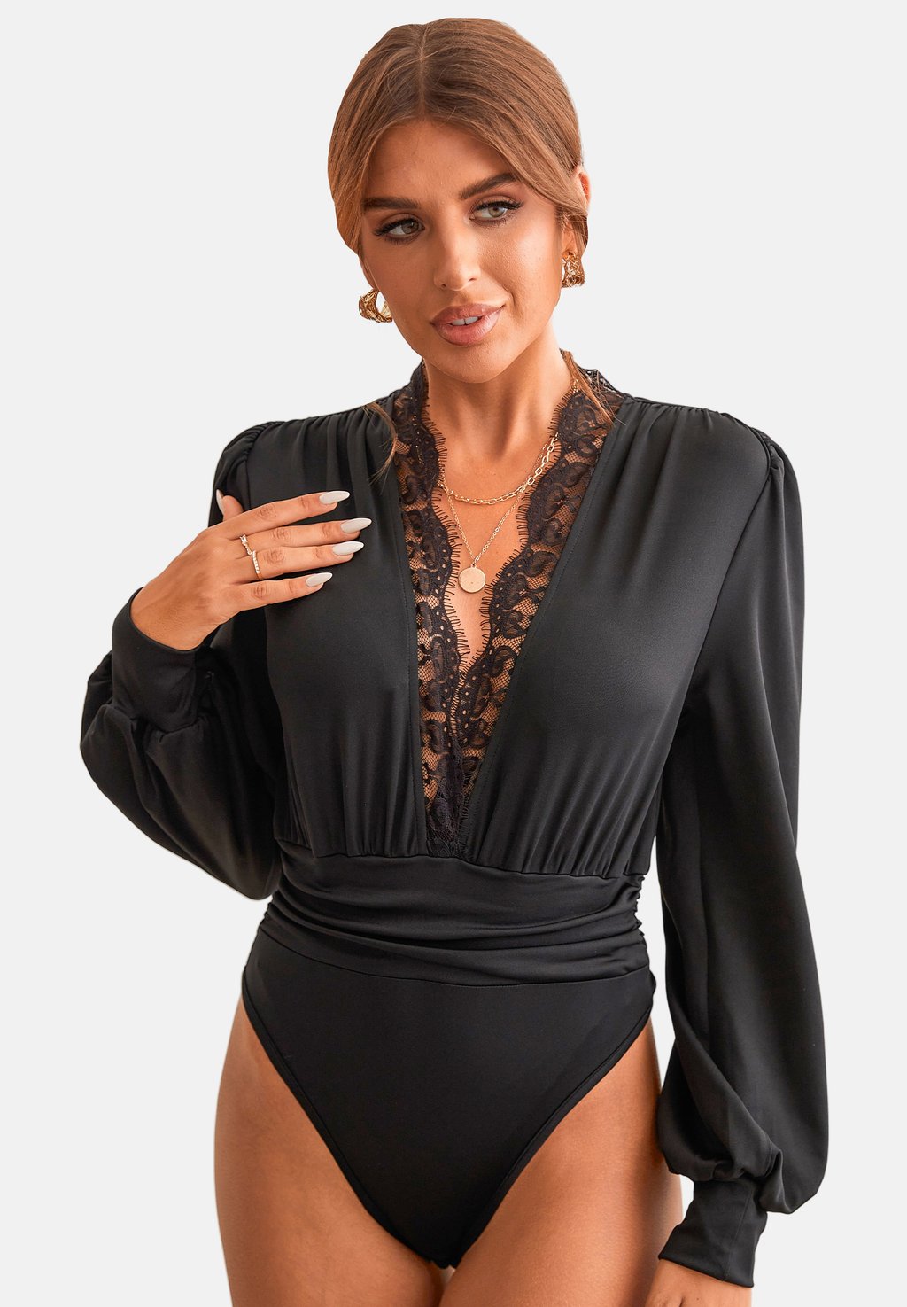 

Футболка с длинным рукавом DEEP V NECK LACE JUMPSUIT Cupshe, черный