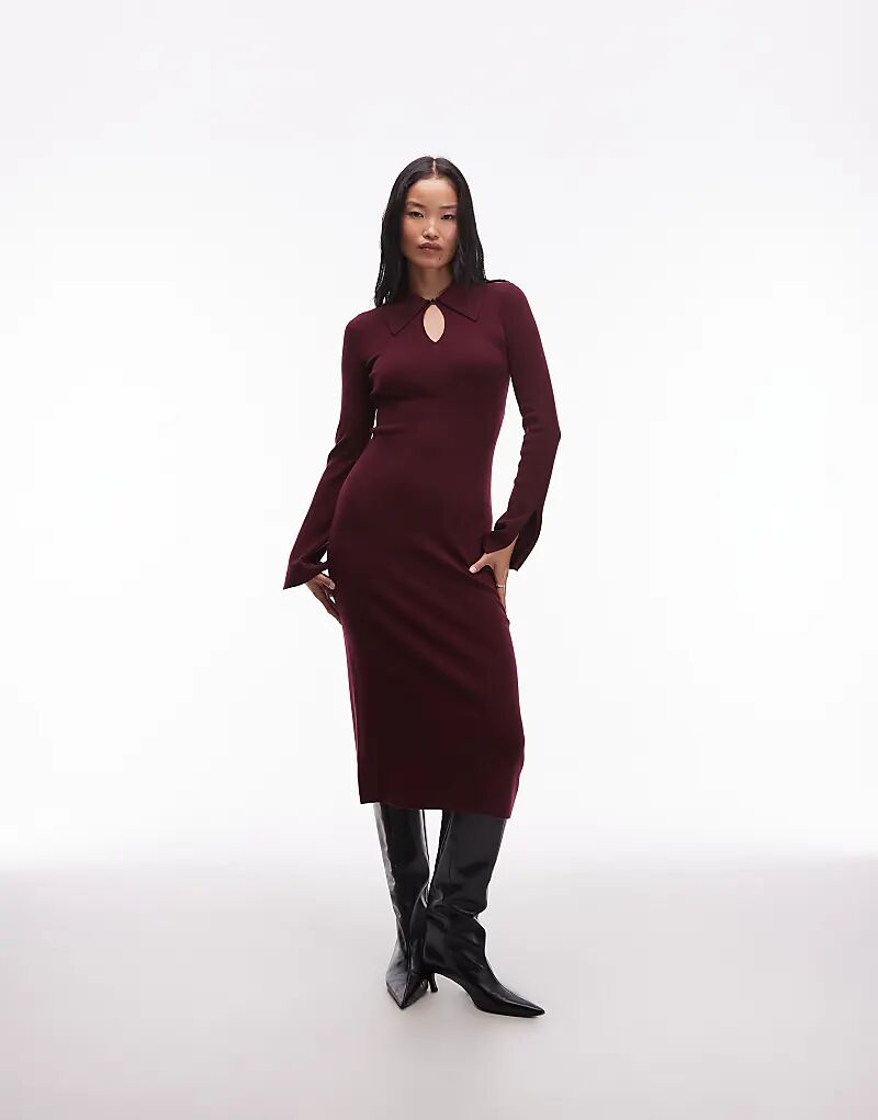 

& Other Stories трикотажное платье миди с длинными рукавами и воротником темно-красного бордового цвета