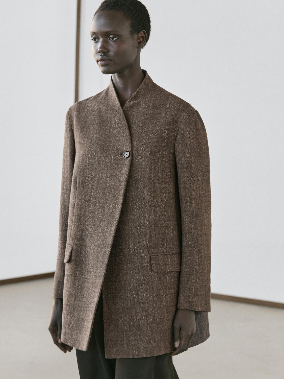 Пальто из смесовой шерсти с крапчатым эффектом и высоким воротником Massimo Dutti, brown — фото 3
